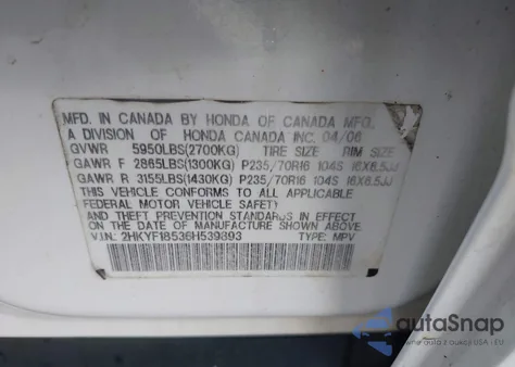 2006 Honda Pilot Ex-L z USA, uszkodzony, nr VIN 2HKYF18536H539893